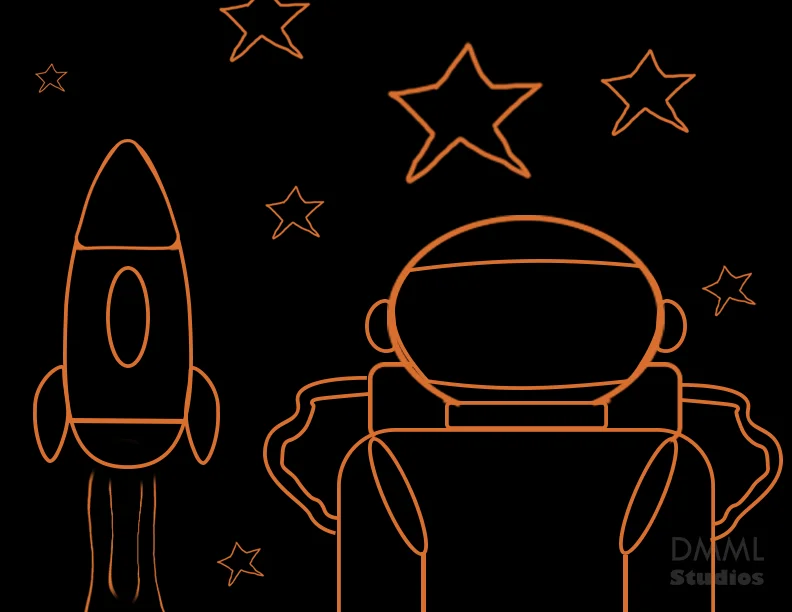 orange line art of rocket, astronaut, and stars on black background