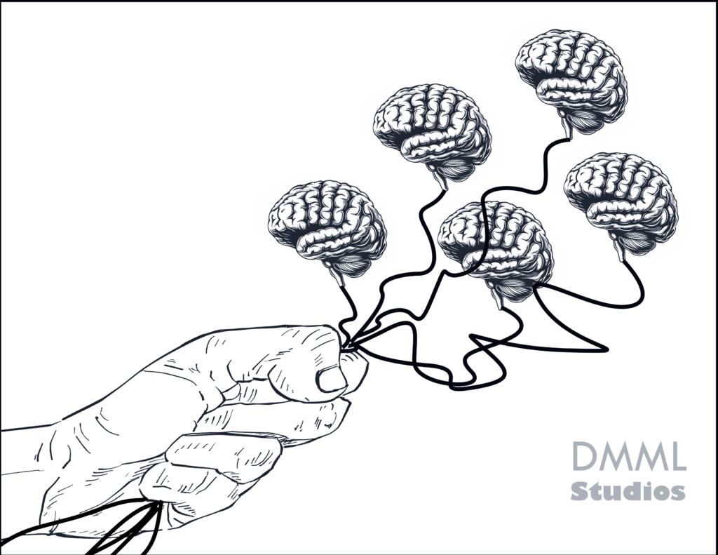 artwork of hand holding brain shaped balloons